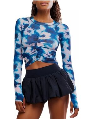 FP Movement Tempo Ruched Long Sleeve Top In Blue Tie Dye, NWT